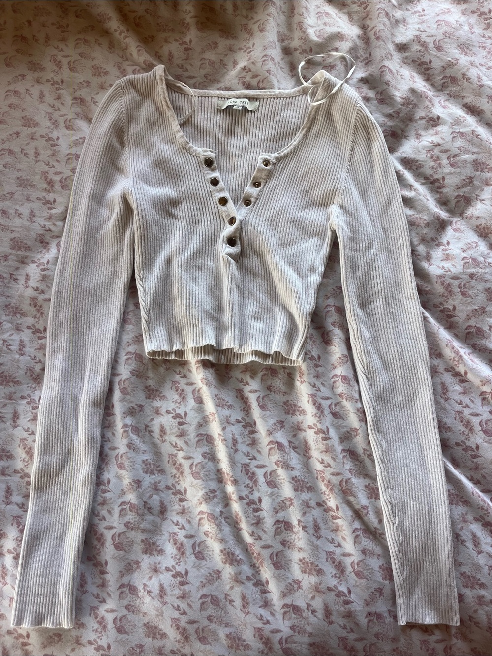 Ribbed Henley Crop Top - Cream